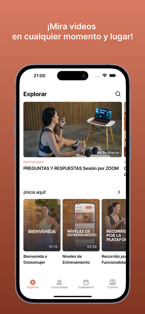 OsteoMujer - Écran d'exploration de l'application OsteoMujer présentant des vidéos d'entraînement et des sessions de questions-réponses.