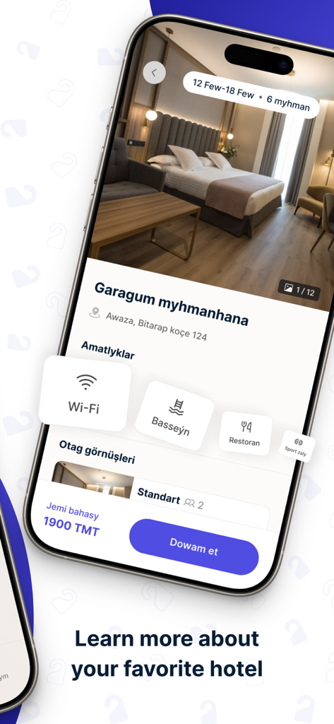 Interfaccia dell'app mobile Oteller che mostra i dettagli dell'hotel, i servizi e i prezzi delle camere per un soggiorno in Turkmenistan.
