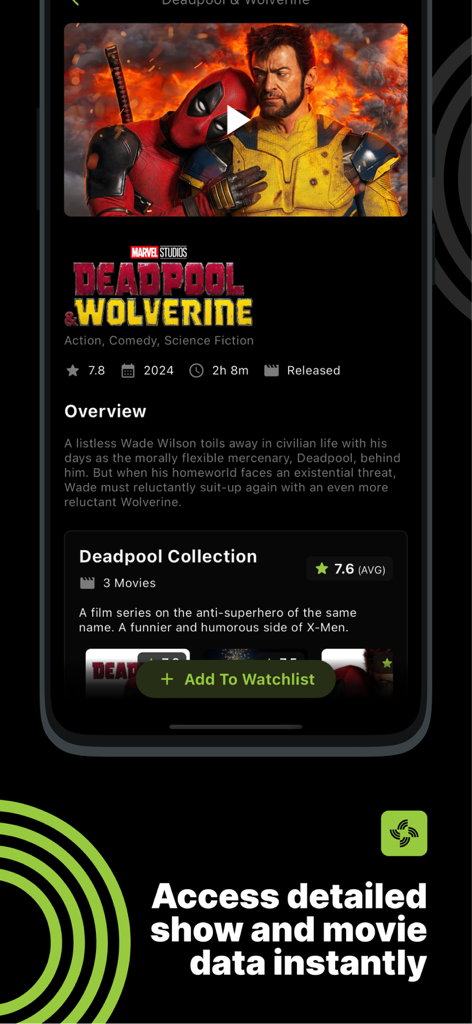 Cineswipe app interface showing detailed movie information for Deadpool and Wolverine including ratings and synopsis.