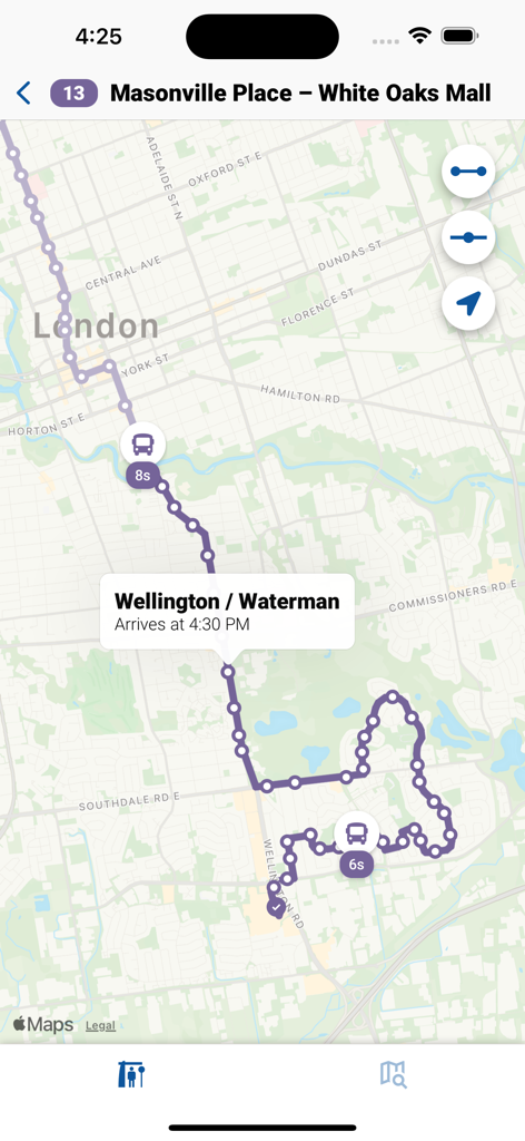 Real-time bus location tracking and arrival times on the London Transit LTC route map
