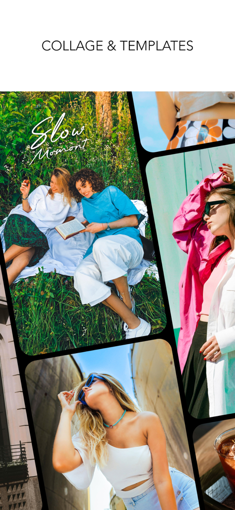 A screen displaying various stylish photo collage layouts and lifestyle templates from the MOLDIV app.