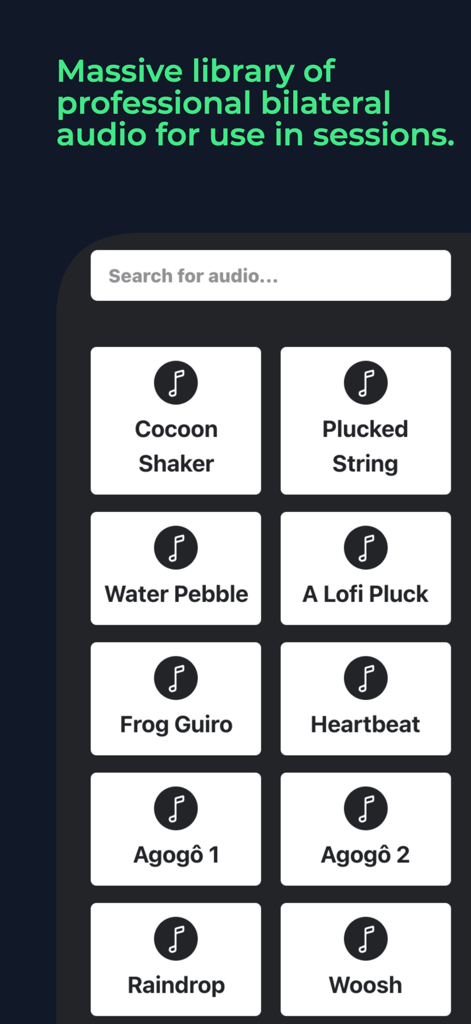 BLS by Easy EMDR - Interface of the Easy EMDR app showing a searchable library of bilateral audio sounds for therapy sessions.