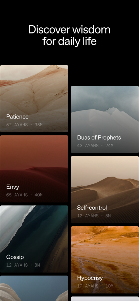 Behold: Experience Islam - Una cuadrícula de estéticas tarjetas con temática de naturaleza en la aplicación Behold que presentan temas espirituales como la paciencia, el autocontrol y la envidia.