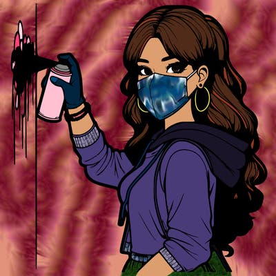 realistic girl with mask spray painting a wall
