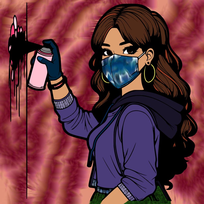 realistic girl with mask spray painting a wall