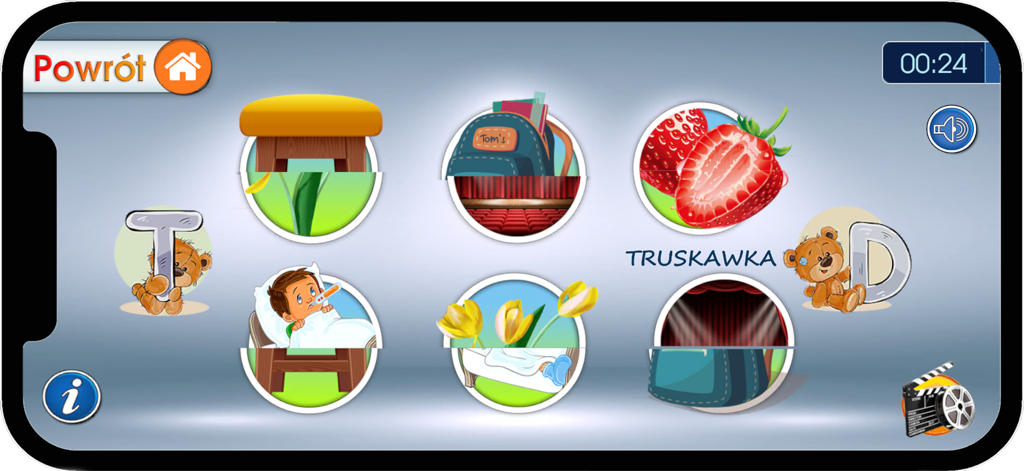 Literki T i D - Pantalla de juego de emparejar para aprender las letras polacas T y D con rompecabezas circulares e ilustraciones