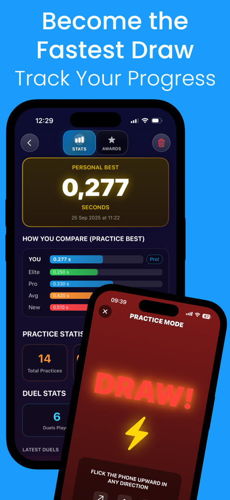 Quick Draw Duel Friends app interface displaying personal best reaction time and practice mode screen