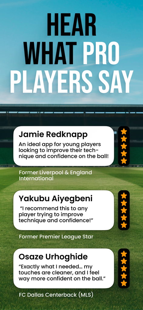 Testimonials from professional soccer players endorsing the RicFit soccer training app.