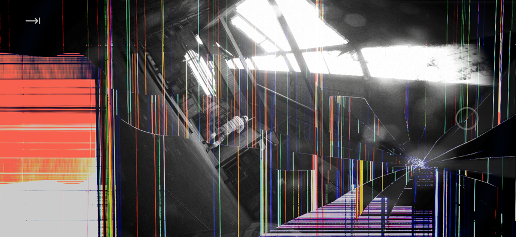 A first-person bodycam view in HeadOn showing digital distortion and a cracked lens effect in a dark industrial environment