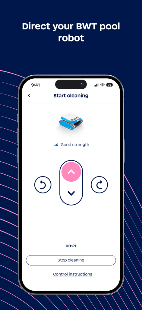 Interface of the BWT app showing remote control buttons for a pool cleaning robot.