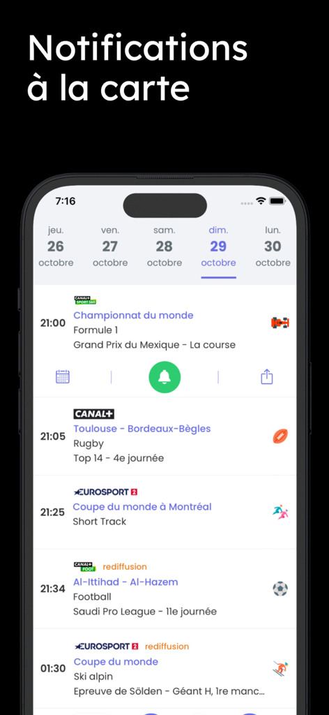 TV Sports - programme sportif - Interface d'application mobile montrant un calendrier sportif quotidien avec une icône de cloche de notification.