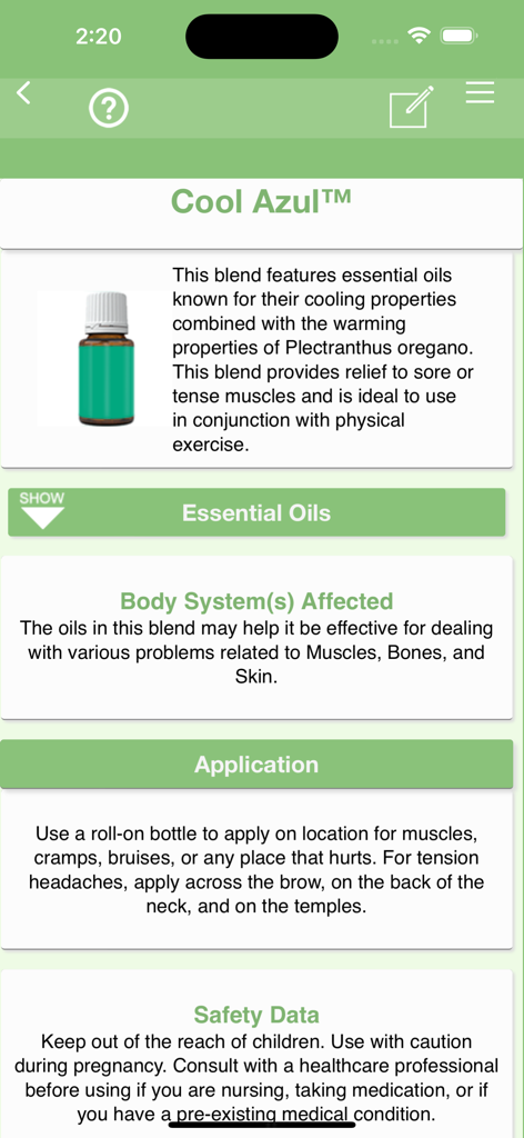 Ref Guide for Essential Oils - Application and safety details for Cool Azul essential oil blend