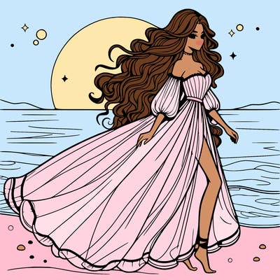 beautiful woman with a vaporous long dress walking on the beach at the noon, detailed art