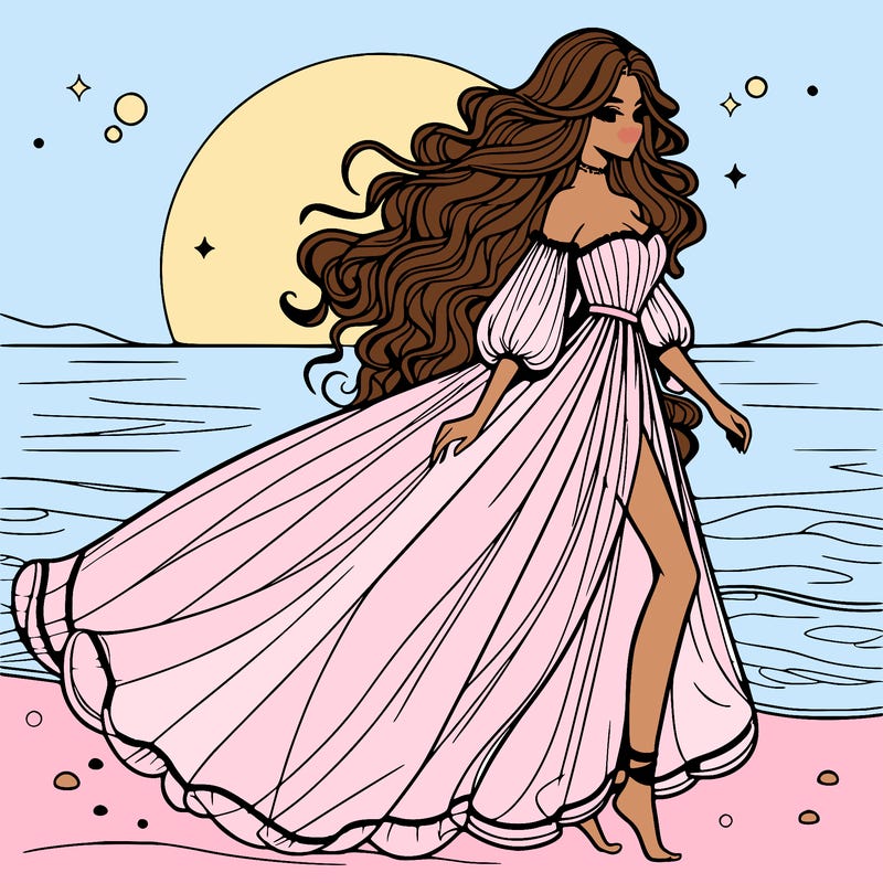 beautiful woman with a vaporous long dress walking on the beach at the noon, detailed art