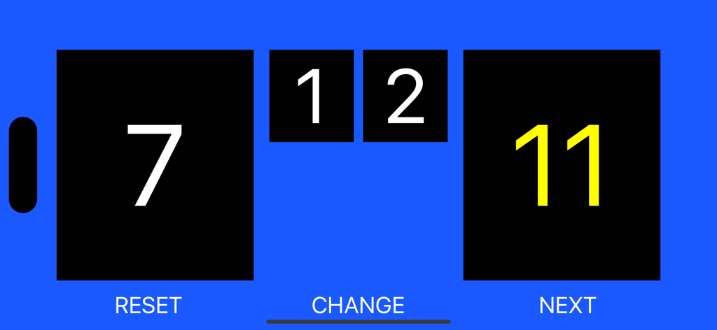 Interfaz de la aplicación T.T.Score mostrando un marcador digital de tenis de mesa con puntos y conteo de sets