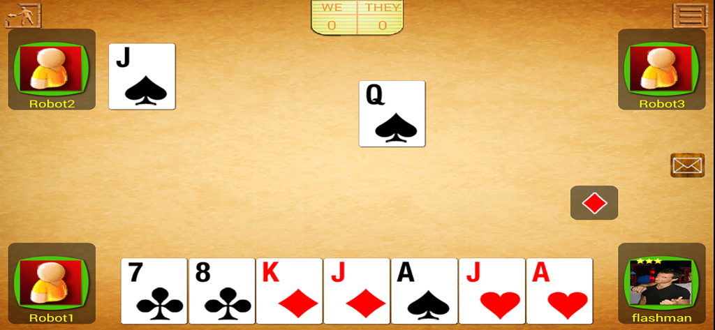 Gameplay screen of Bridge-Belote showing digital playing cards and four player avatars around a virtual table.