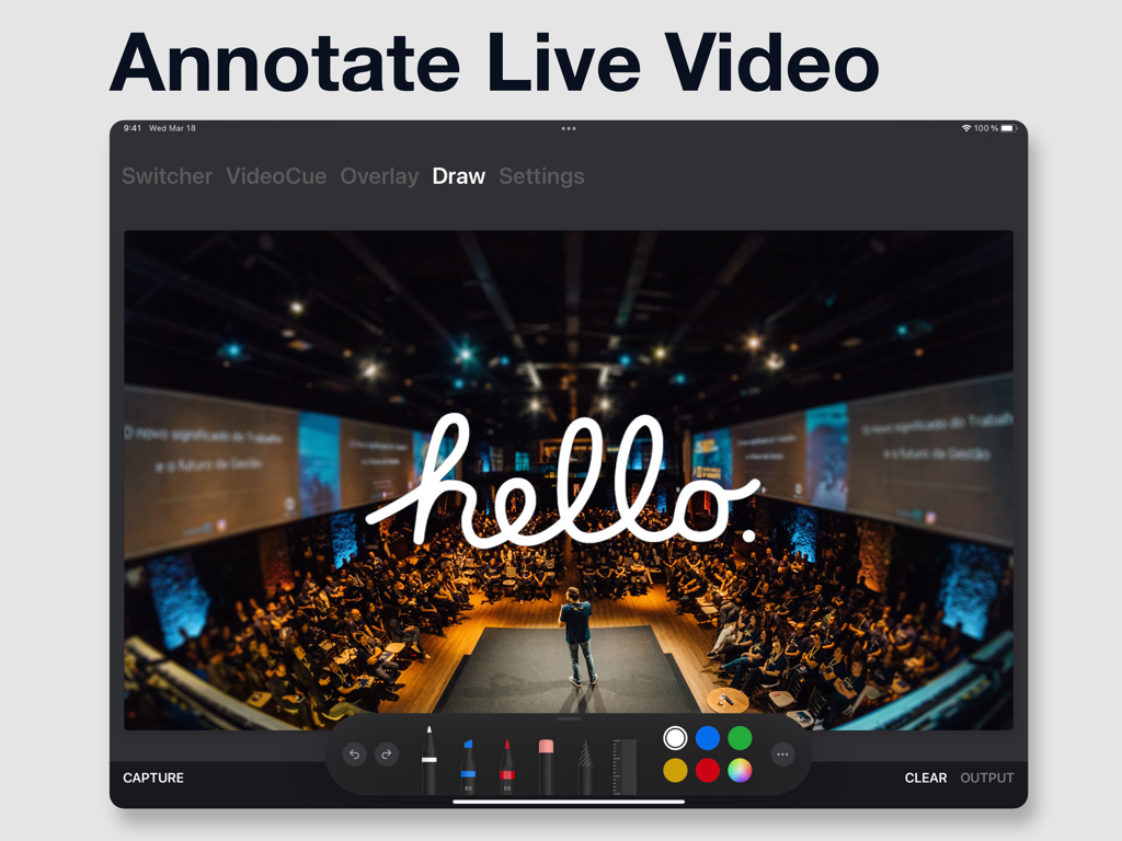 LiveApp Pro - Interface of LiveApp Pro showing the drawing feature with a handwritten hello overlay on a live stage production video