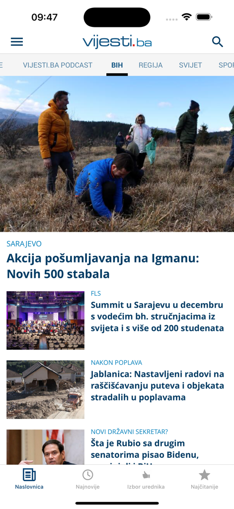 Vijesti ba news app homepage with Bosnian regional news and world events
