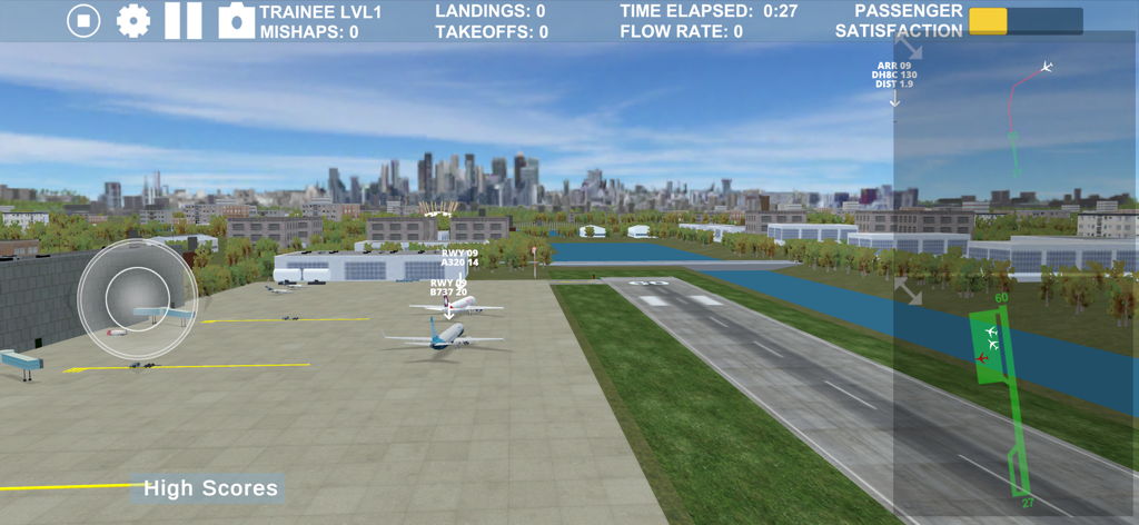 Airport Madness 3D 2 - Airport Madness 3D 2のゲームプレイ画面。滑走路と街の背景とともに、地上で飛行機が走行している様子が表示されている。