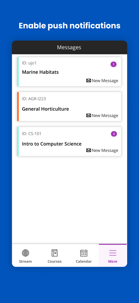 Blackboard-App-Oberfläche, die Kursnachrichten und eine Aufforderung zur Aktivierung von Push-Benachrichtigungen anzeigt