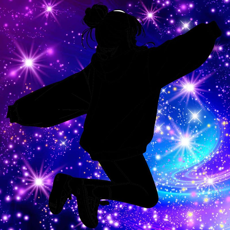 realistic girl jumping with a bun and oversized sweatshirt