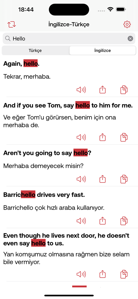 English to Turkish translation screen with example sentences for the word hello