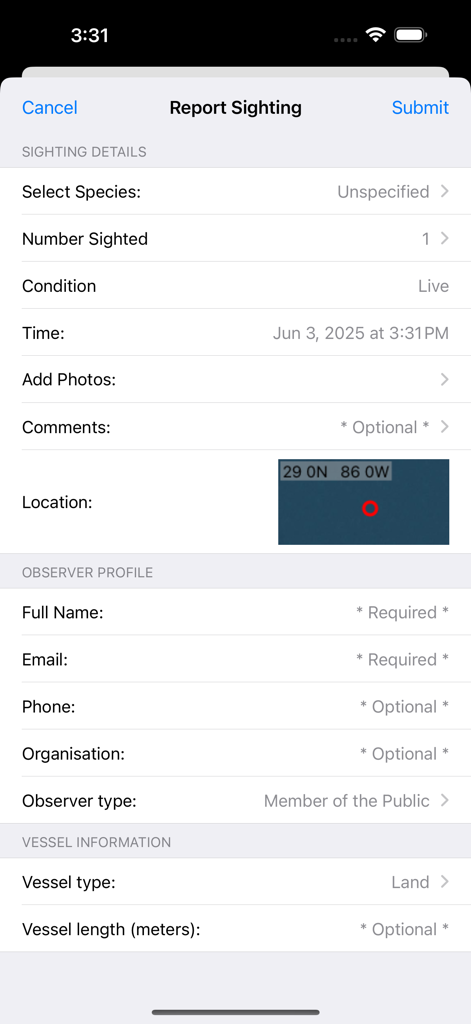 Whale Alert - Smartphone screen of Whale Alert app showing a report sighting form for marine conservation