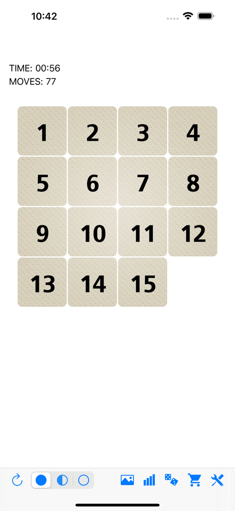 Fifteen sliding tiles puzzle - Captura de pantalla del juego Rompecabezas de quince deslizantes que muestra una cuadrícula completa de números del 1 al 15 con contador de tiempo y movimientos.