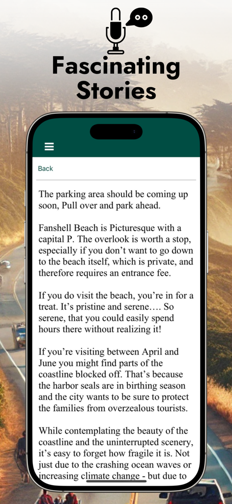 Screenshot of the 17 Mile Drive Audio Tour app showing descriptive text stories about Fanshell Beach and harbor seals