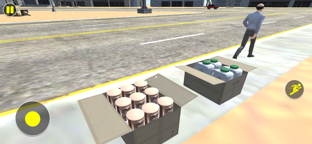 Cooking Quest Food Simulator! - Boxes of coffee canisters and milk jugs on a city sidewalk in a cooking simulator game