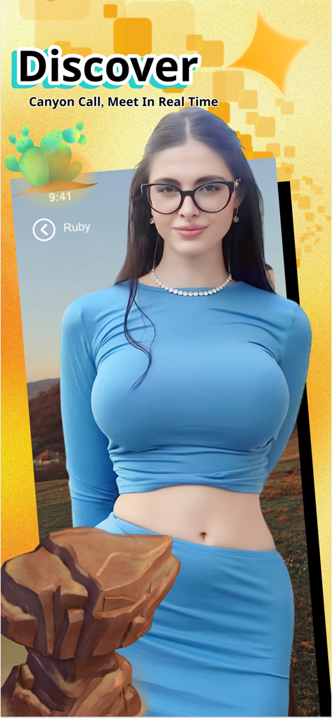 Rift - Live Video Chat & Meet - Una mujer con un atuendo azul en una pantalla de descubrimiento de video chat para la aplicación Rift