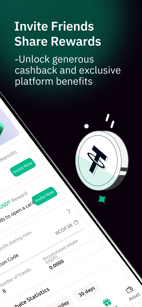 UPay Wallet app screen showing the referral program to invite friends and earn cashback rewards in USDT.