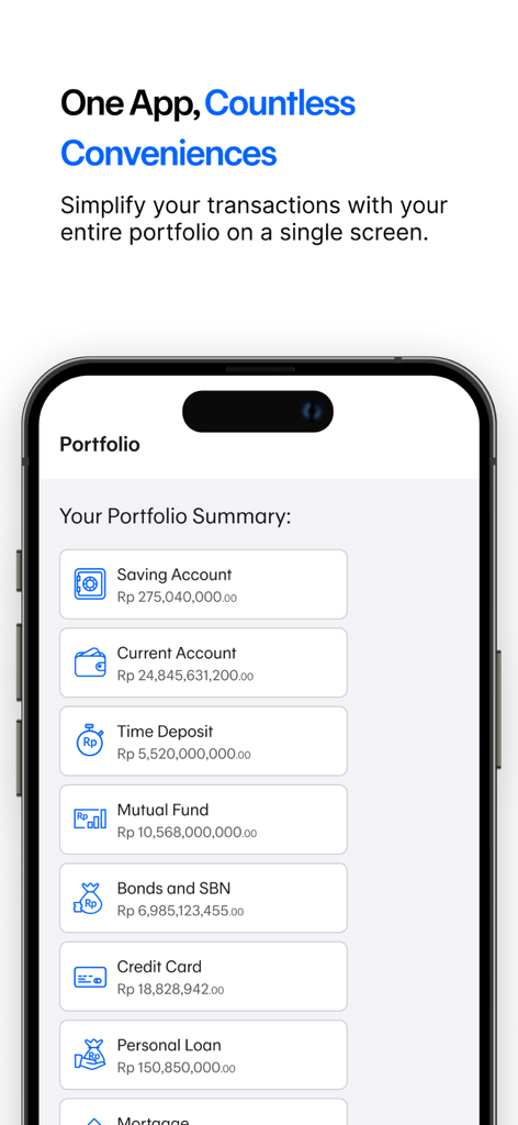 Permata ME - A smartphone screen showing the Permata ME app portfolio summary with various bank account balances