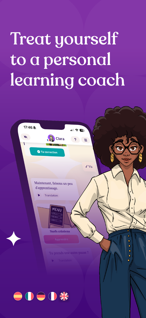Aimigo Language Coach - Aimigo persönlicher Sprachcoach Mobile App-Oberfläche mit einem illustrierten Tutoren-Charakter und Sprachfahnen