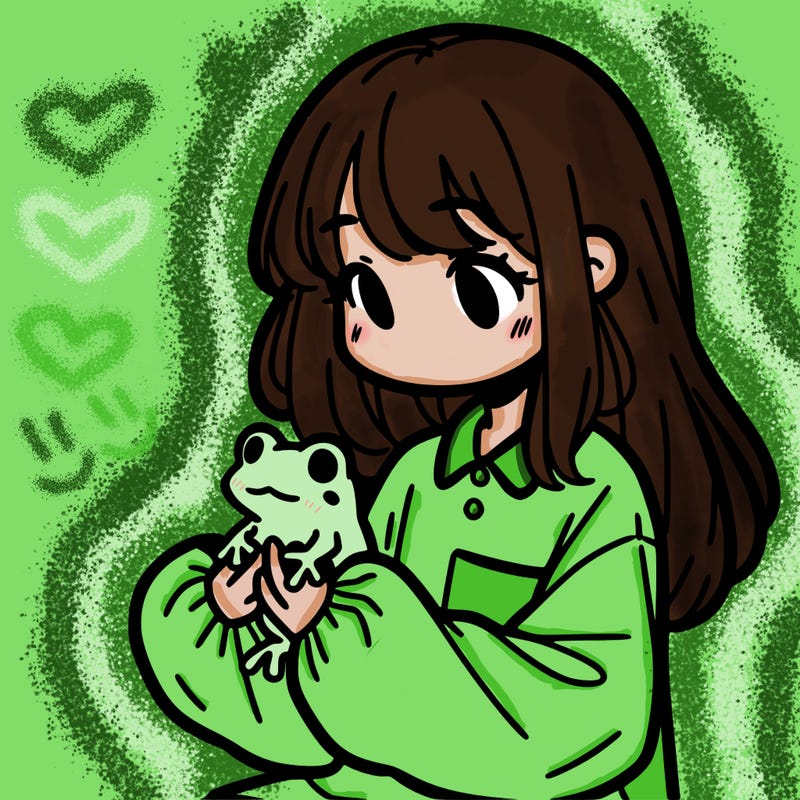 girl with long hair and a oversized shirt. and she is holding a frog