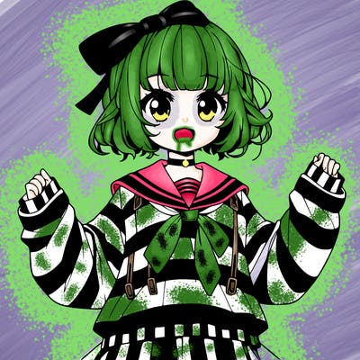 a realistic anime girl dressed up as beetle juice