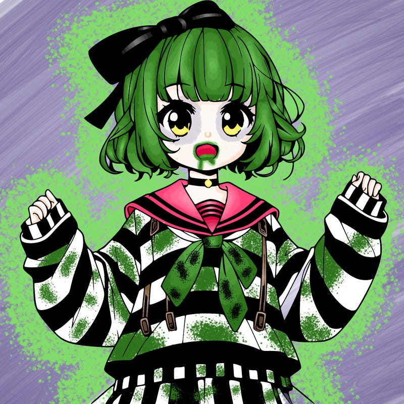 a realistic anime girl dressed up as beetle juice