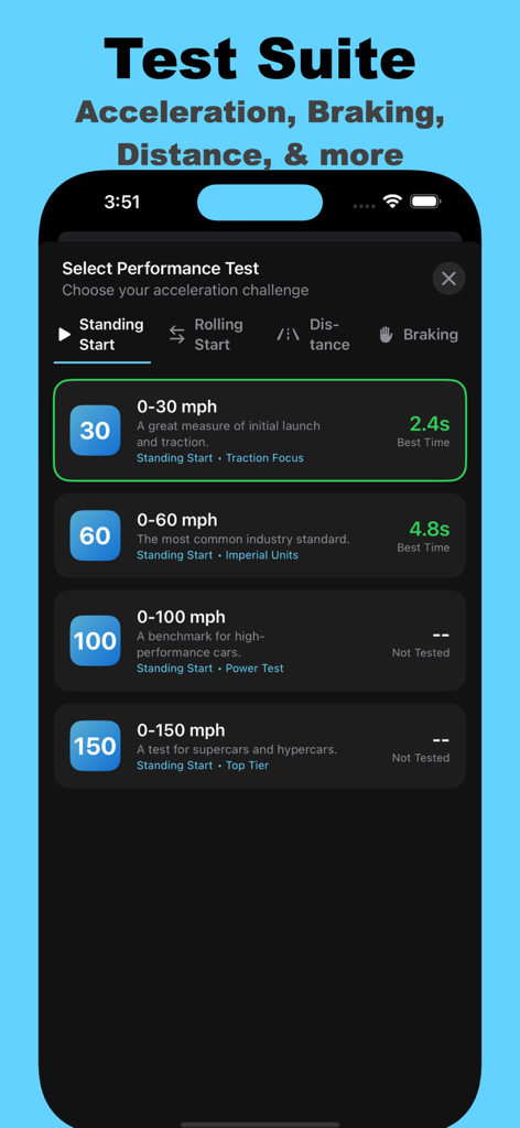Speed Up app interface displaying various vehicle acceleration and performance tests
