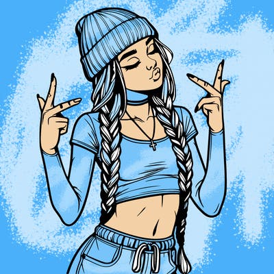 realistic teenage girl with braids and a beanie and crop top doing 🫶🏼