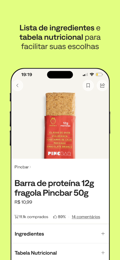 Trela: Mercado online - Trela app interface showing a protein bar product page with nutritional information and ingredients list