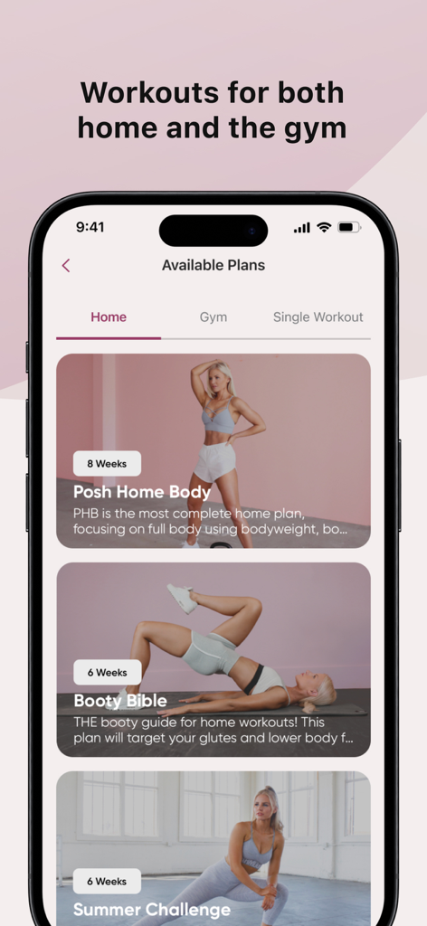 Athli app interface displaying available home workout programs for women including Posh Home Body and Booty Bible.