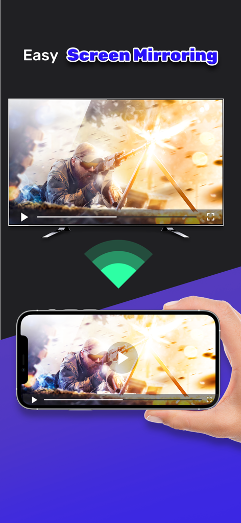 Smart TV Remote App for RK - Smartphone mirroring a video to a smart TV screen wirelessly