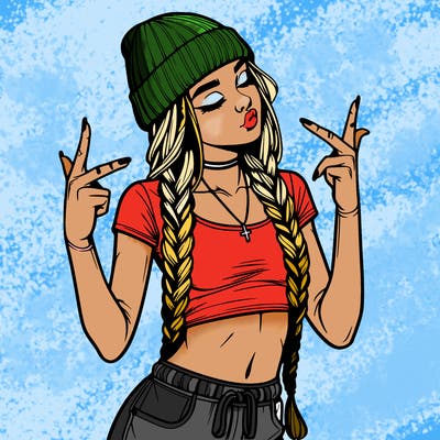 realistic teenage girl with braids and a beanie and crop top doing 🫶🏼