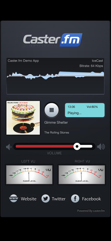 Caster.fm Demo App - Caster.fm radio player app interface featuring waveform display and audio VU meters.
