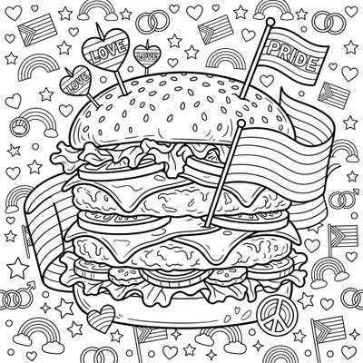 Get ready to color a delicious tribute to diversity with our Double Patty Burger Pride coloring page! This hearty design combines your love for food with the vibrant spirit of Pride Month, perfect for celebrating unity and joy.