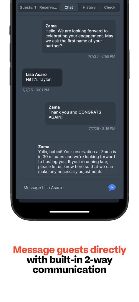 ResyOS mobile Benutzeroberfläche, die eine zweiseitige Konversation zwischen einem Restaurant und einem Gast zeigt