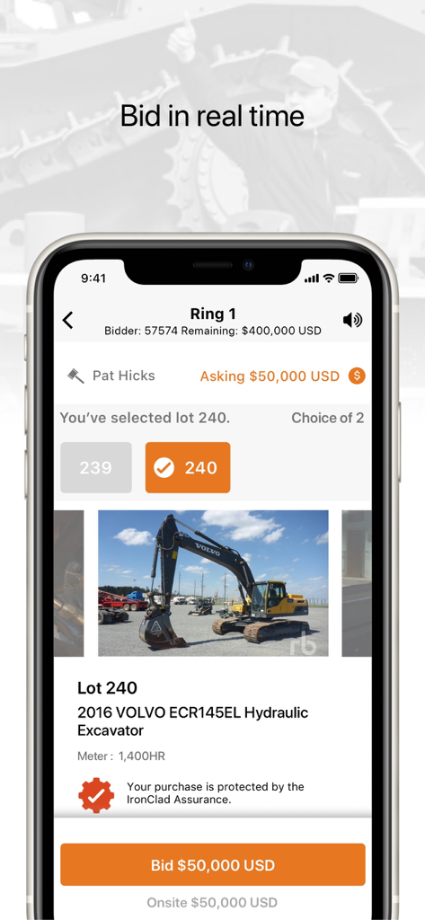 Ritchie Bros. - Ritchie Bros mobile app screen for live bidding on heavy construction equipment