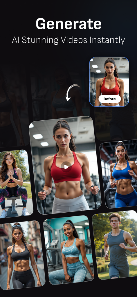 AI Body Shape Video Editor - Preview of the AI Body Shape Video Editor app showing muscle definition and body enhancement results on various models