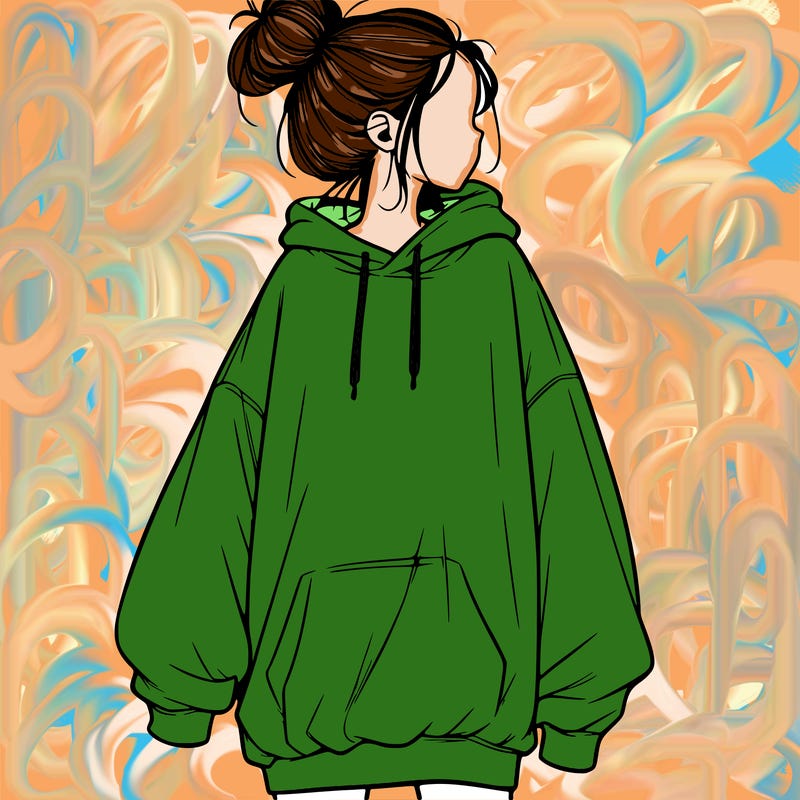 realistic girl with a oversized sweatshirt on and a bun