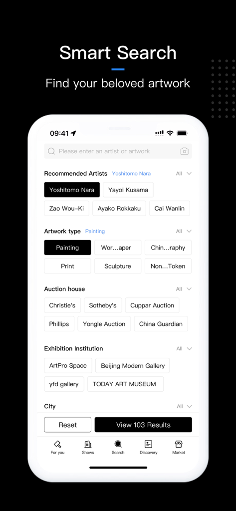 ArtPro app smart search interface showing filters for artists, artwork types, and auction houses like Christie's and Sotheby's.